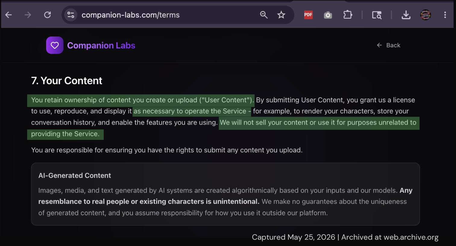 Screenshot of Companion Labs content terms showing user ownership and commitment not to sell user content