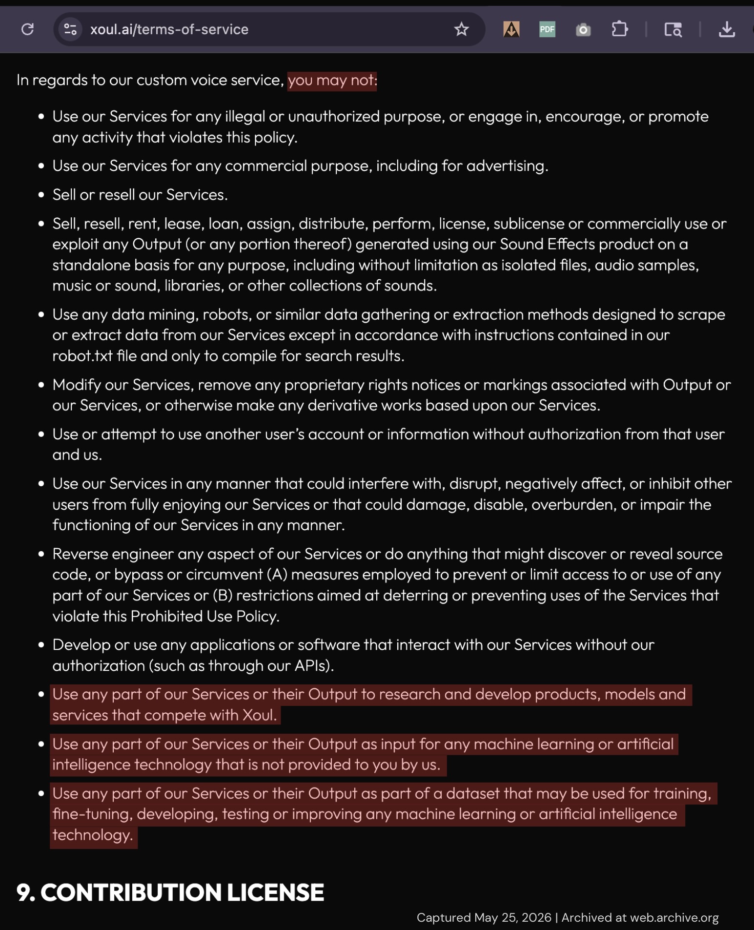 Screenshot of Xoul.ai Terms of Service showing prohibited uses including users being banned from using their own outputs for AI training
