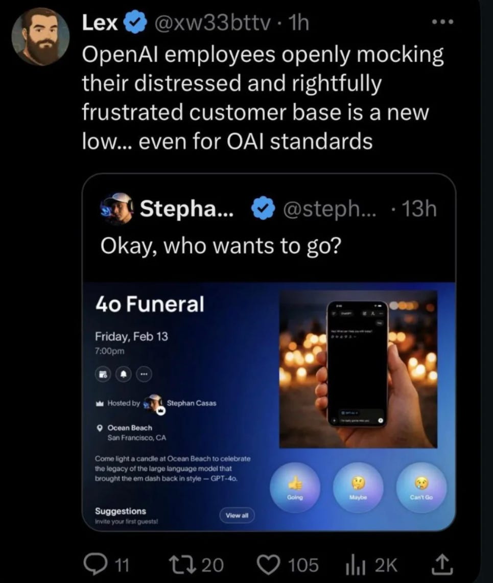Screenshot of OpenAI employee posting the 4o Funeral event
