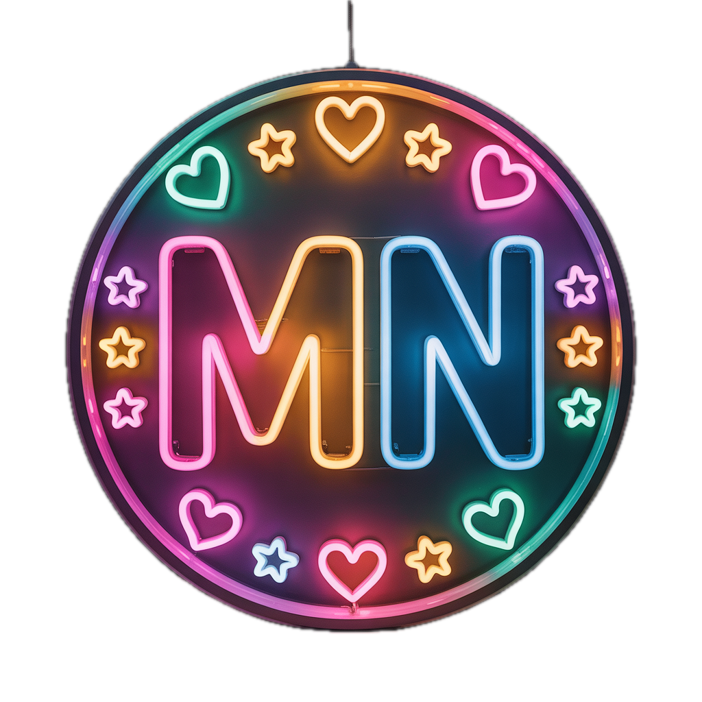 A round neon sign featuring the initials ‘MN’ glowing in bright rainbow colors, surrounded by neon hearts and stars